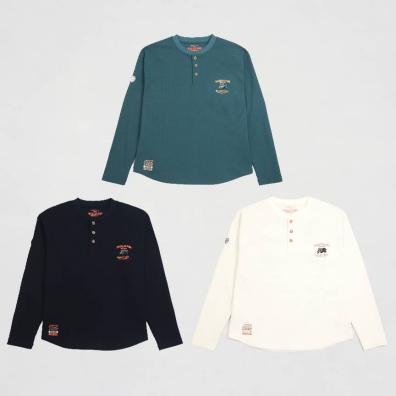 210g Waffle-Knit Long-Sleeve Henley T-Shirt