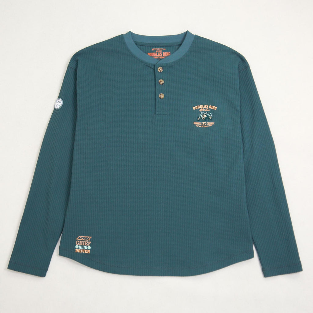 210g Waffle-Knit Long-Sleeve Henley T-Shirt