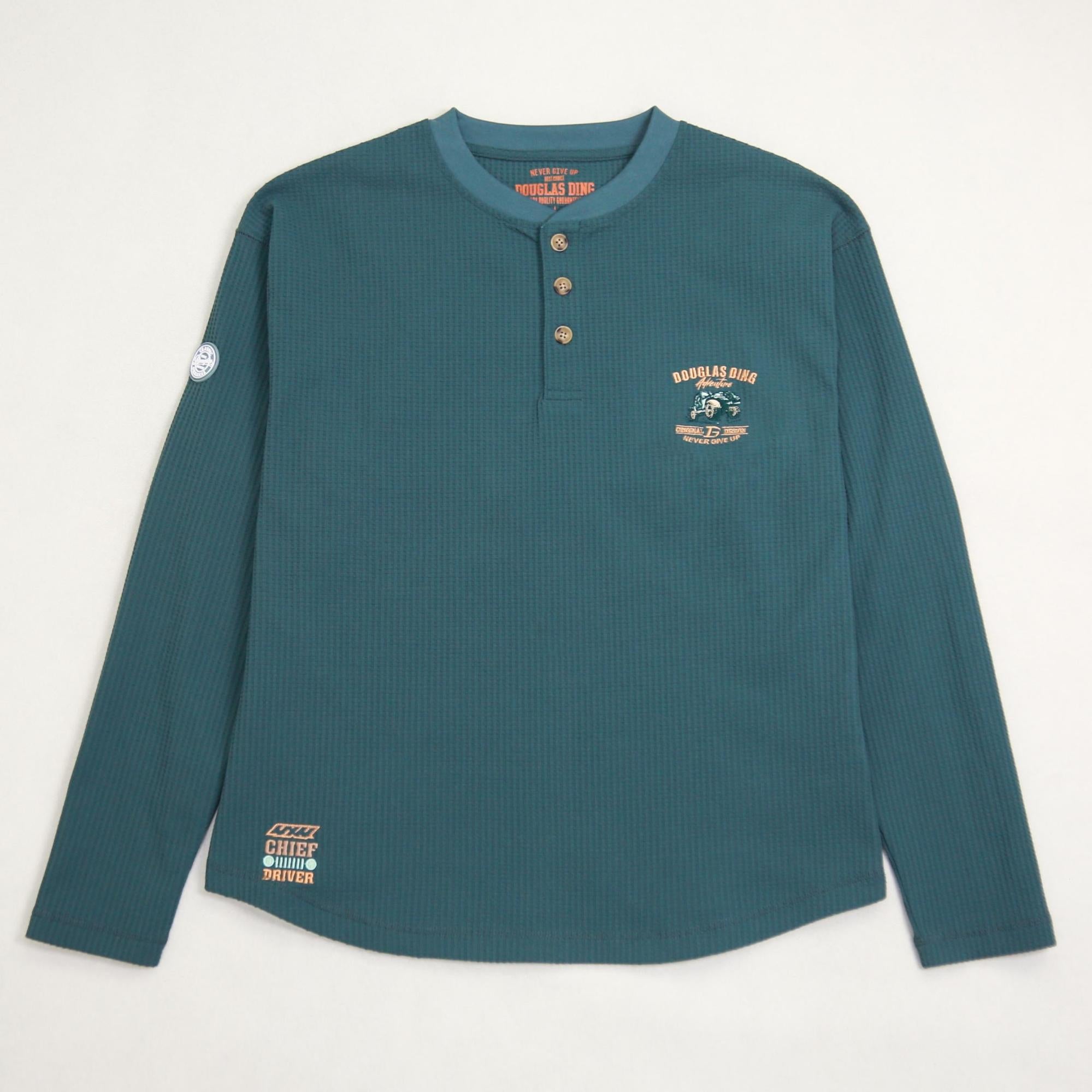 210g Waffle-Knit Long-Sleeve Henley T-Shirt